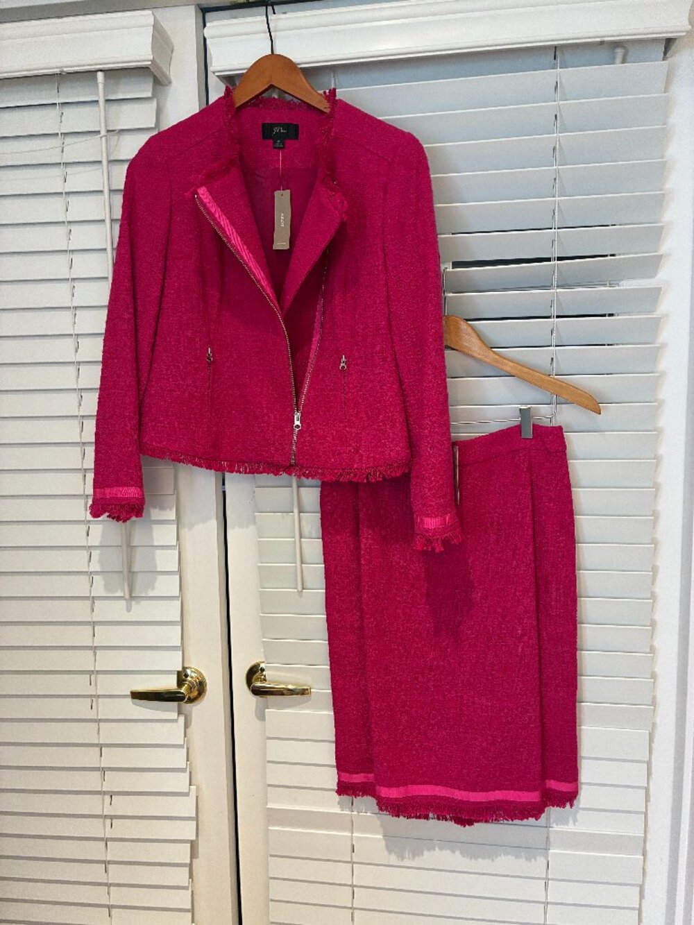 J. Crew Pink Tweed Suit with motorcycle jacket